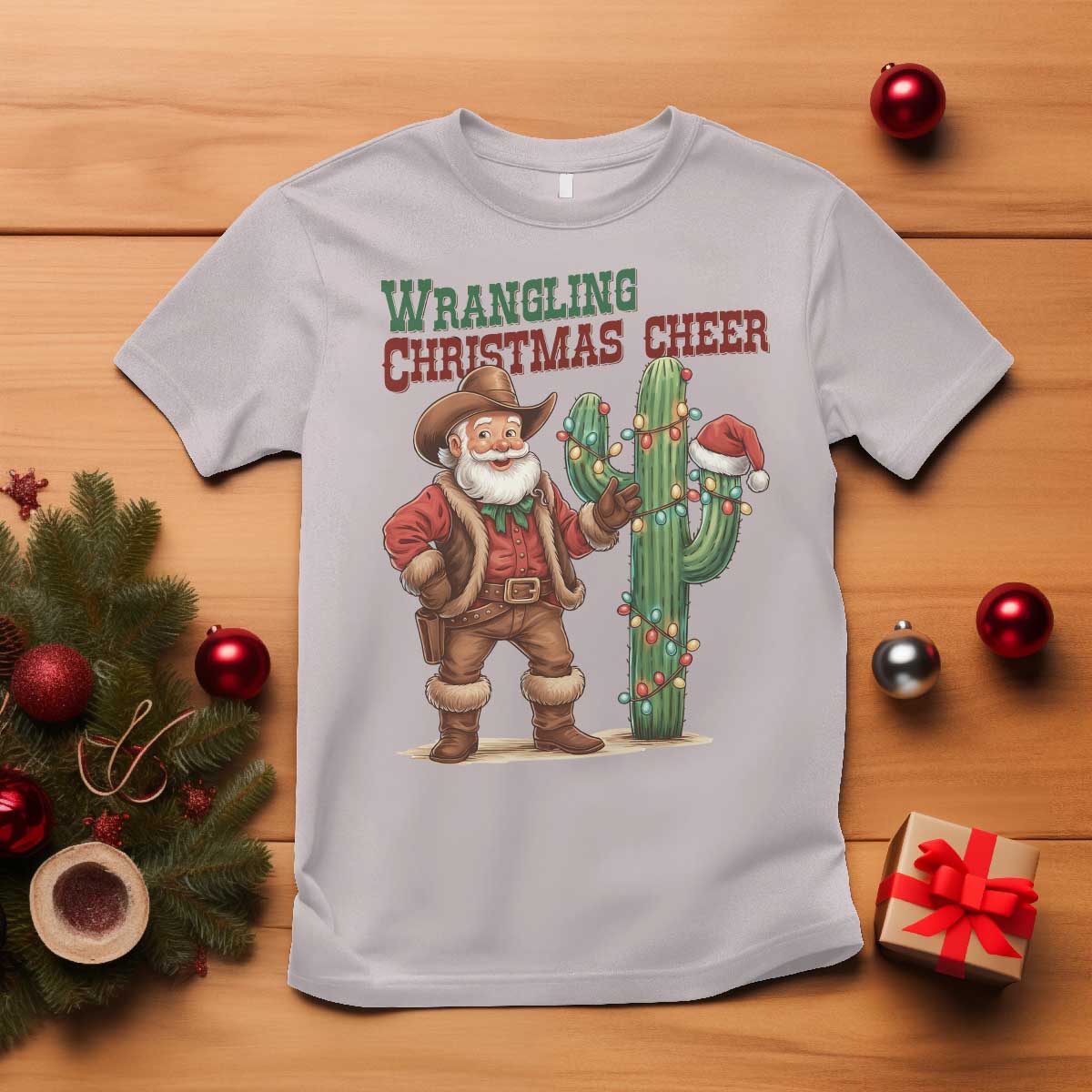 Funny Santa Cowboy T Shirt Wrangling Christmas Cheer - Wonder Print Shop
