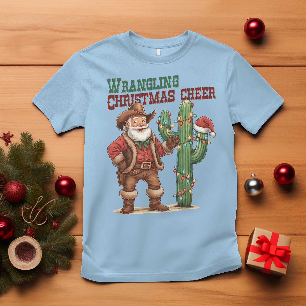 Funny Santa Cowboy T Shirt Wrangling Christmas Cheer - Wonder Print Shop