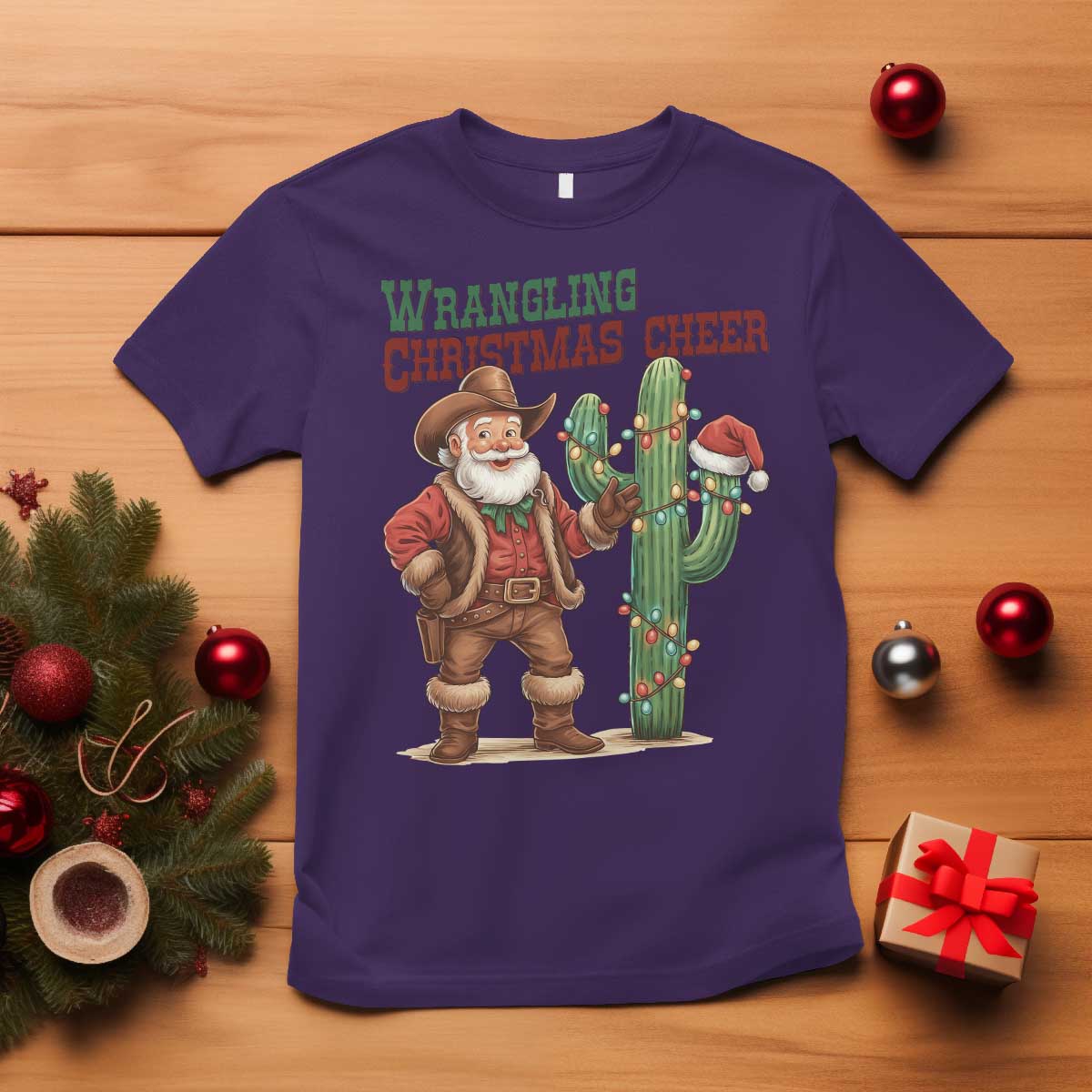 Funny Santa Cowboy T Shirt Wrangling Christmas Cheer - Wonder Print Shop