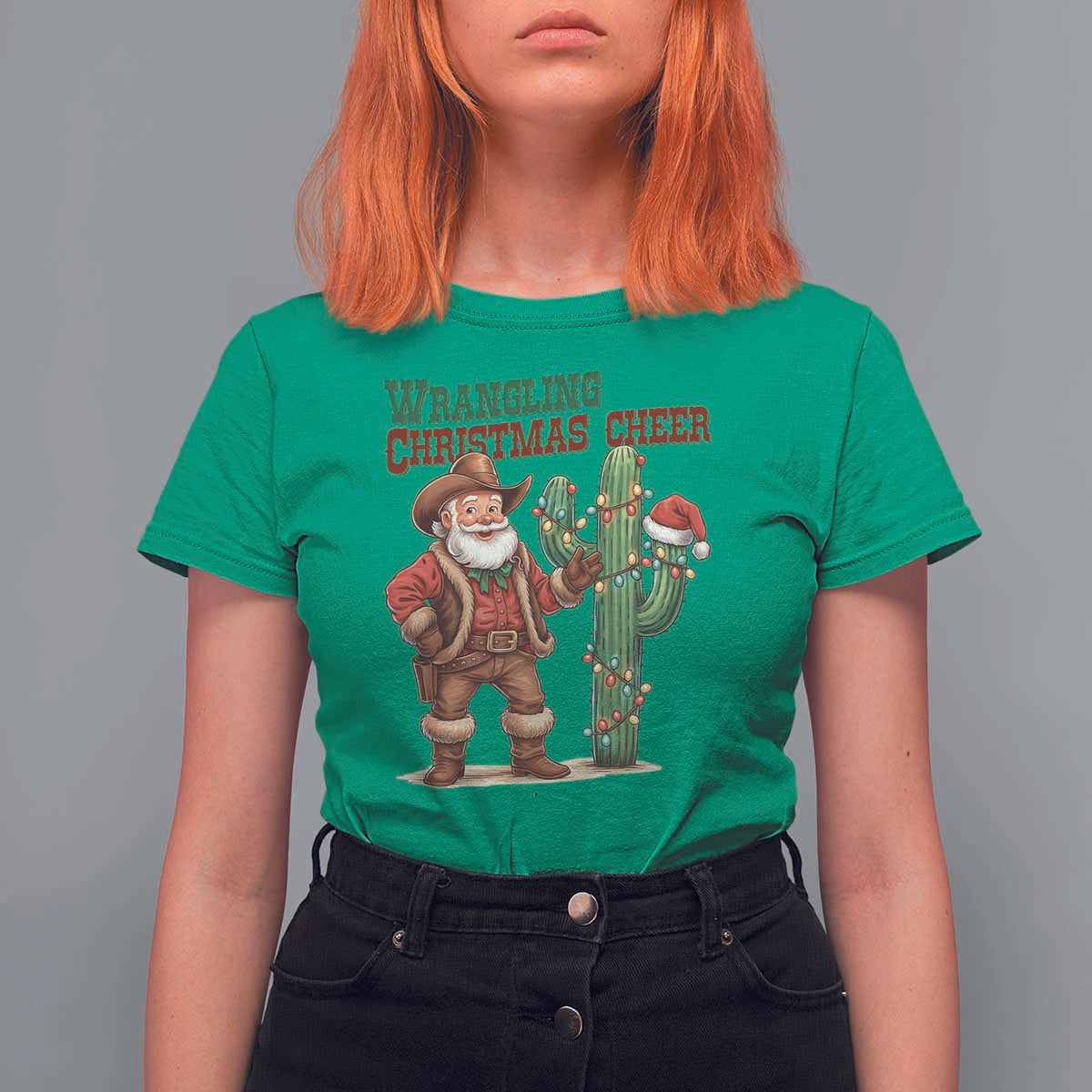 Funny Santa Cowboy T Shirt For Women Wrangling Christmas Cheer - Wonder Print Shop