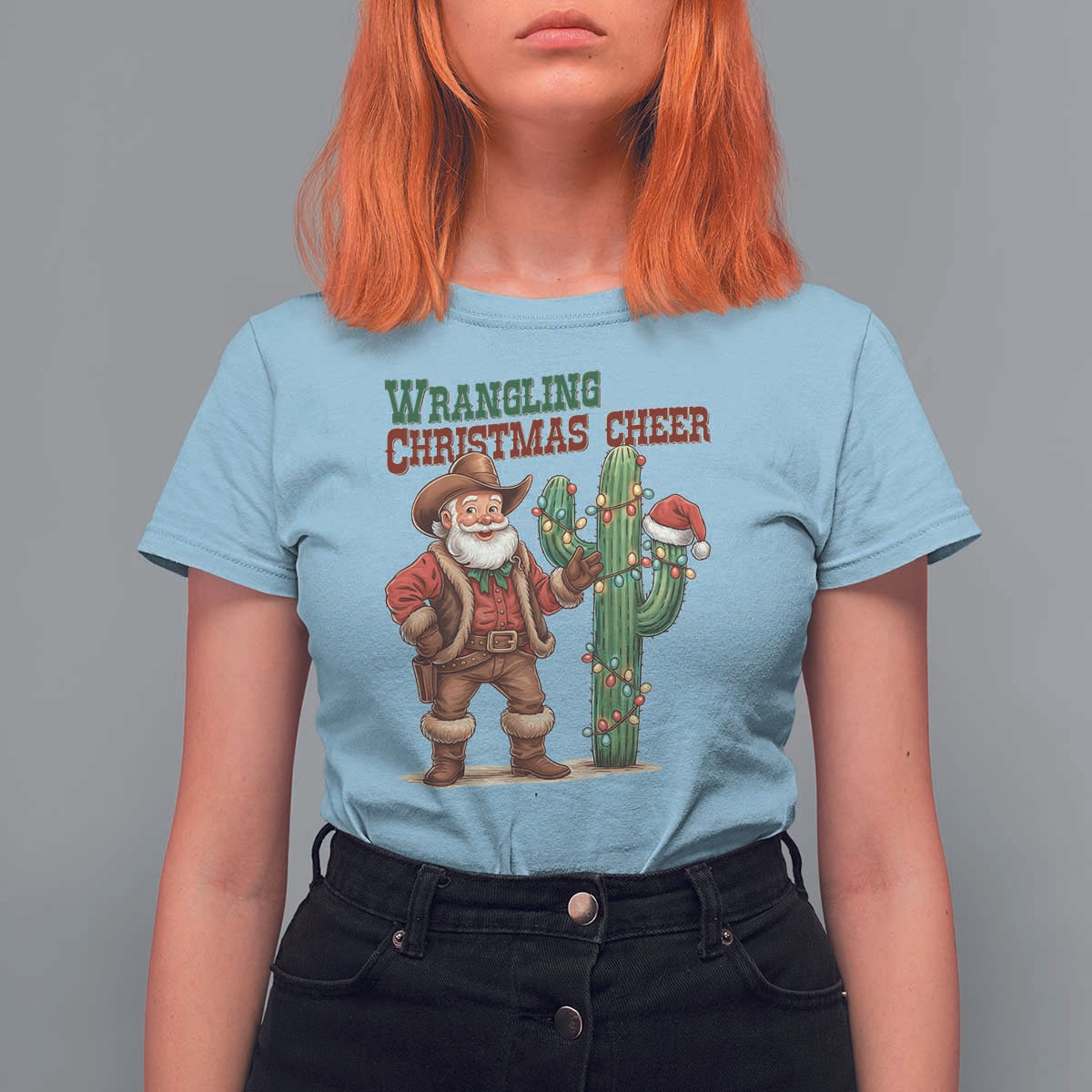 Funny Santa Cowboy T Shirt For Women Wrangling Christmas Cheer - Wonder Print Shop