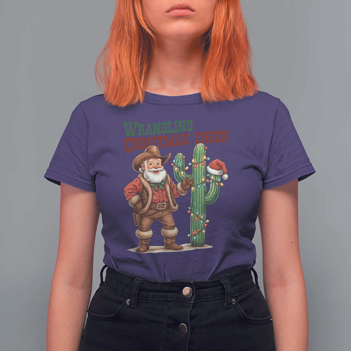 Funny Santa Cowboy T Shirt For Women Wrangling Christmas Cheer - Wonder Print Shop