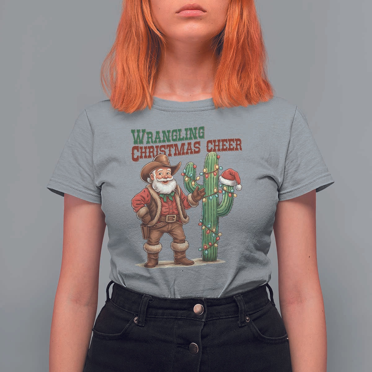 Funny Santa Cowboy T Shirt For Women Wrangling Christmas Cheer - Wonder Print Shop