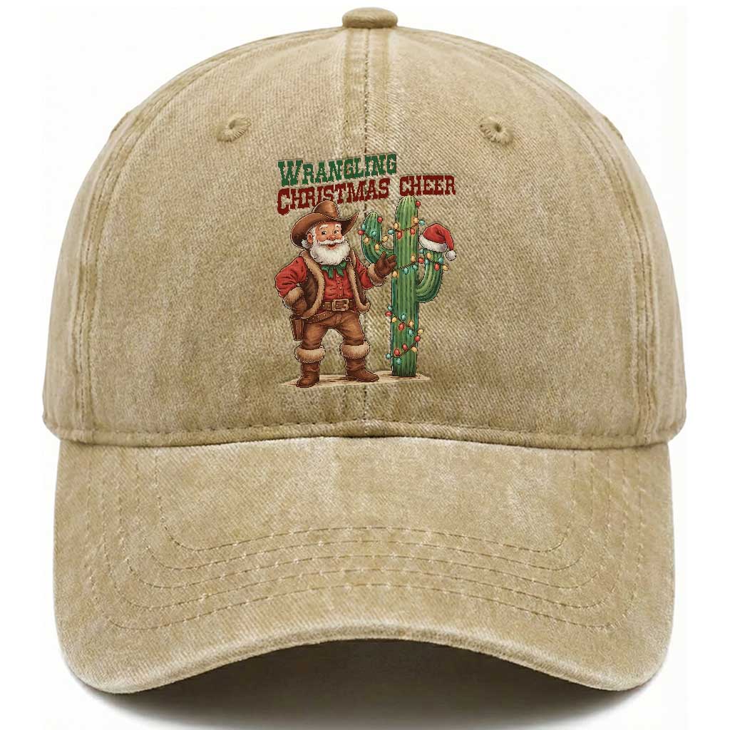 Funny Santa Cowboy Washed Cotton Baseball Cap Wrangling Christmas Cheer