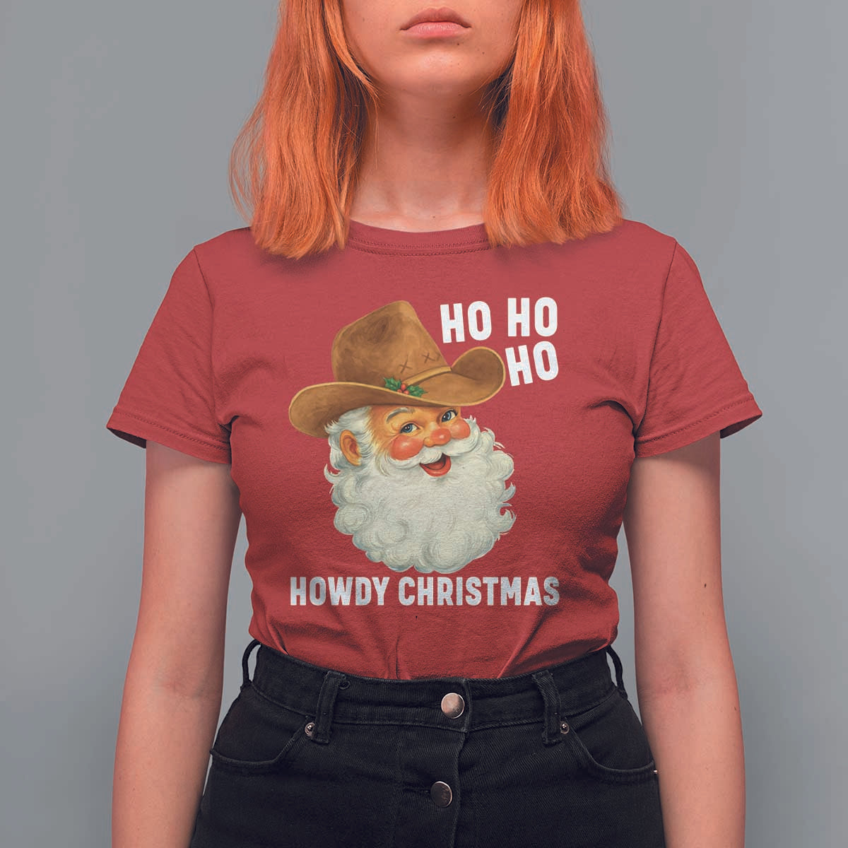 Cowboy Santa Christmas T Shirt For Women Ho Ho Ho Howdy Christmas - Wonder Print Shop