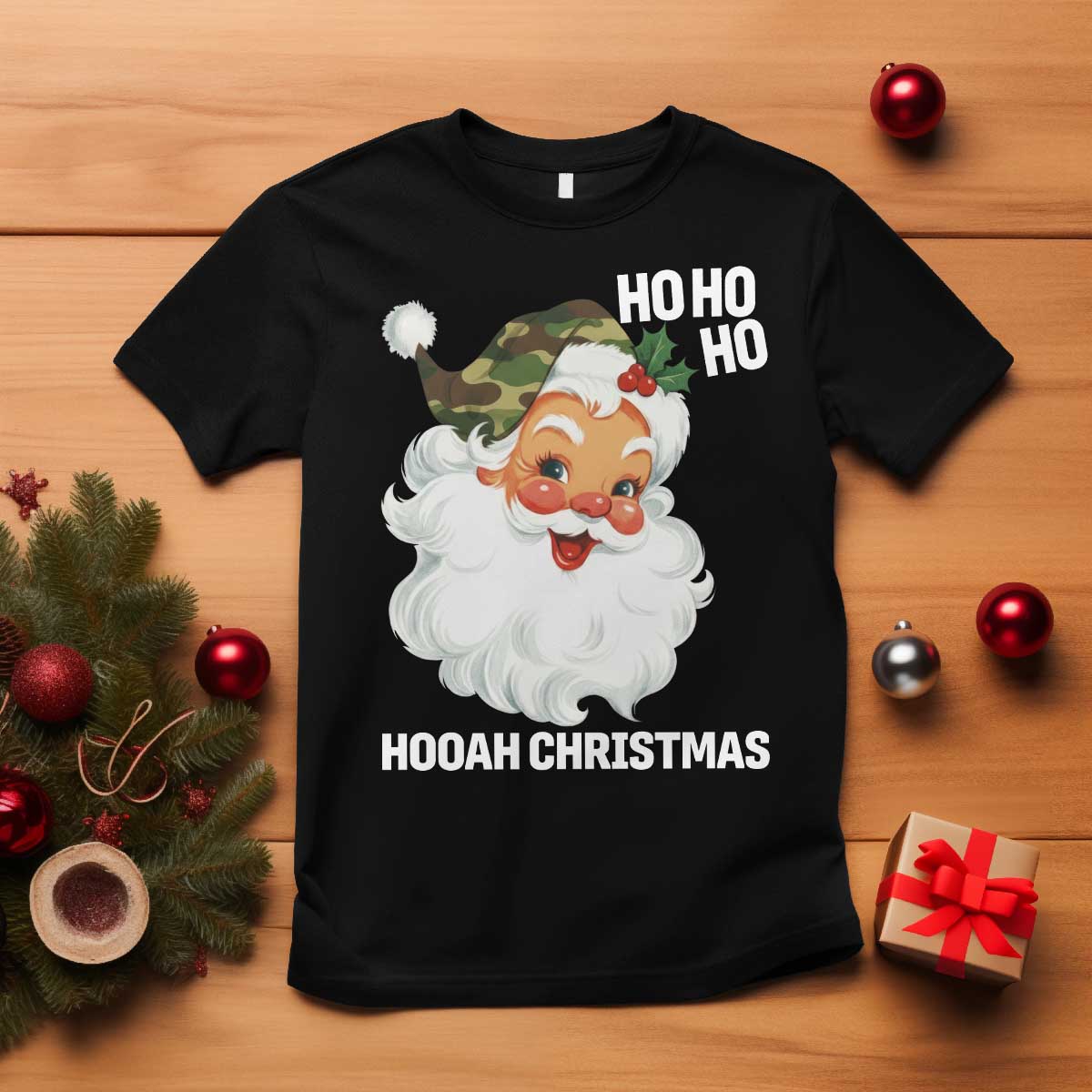 Camo Santa Christmas T Shirt Ho Ho Ho Hooah Christmas - Wonder Print Shop