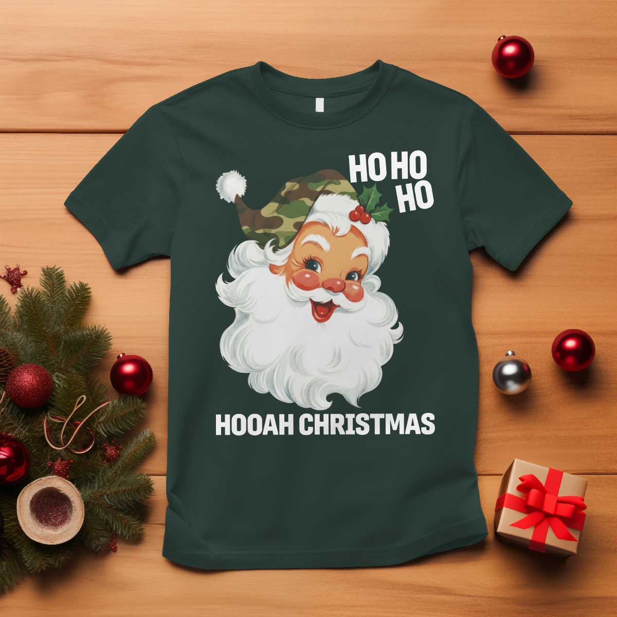 Camo Santa Christmas T Shirt Ho Ho Ho Hooah Christmas - Wonder Print Shop