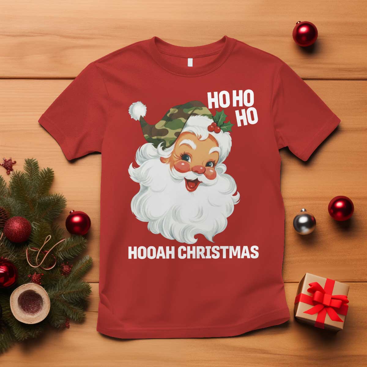 Camo Santa Christmas T Shirt Ho Ho Ho Hooah Christmas - Wonder Print Shop