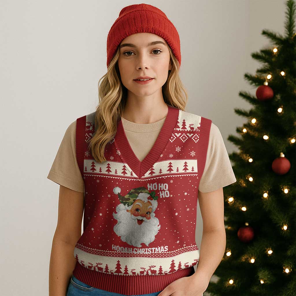 Camo Santa Xmas V-Neck Knit Sweater Vest Ho Ho Ho Hooah Xmas - Wonder Print Shop