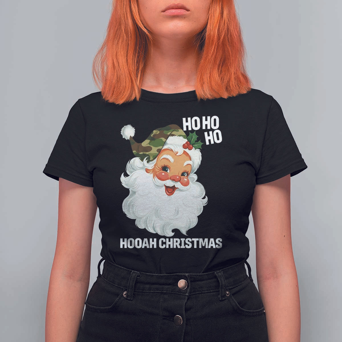 Camo Santa Christmas T Shirt For Women Ho Ho Ho Hooah Christmas - Wonder Print Shop