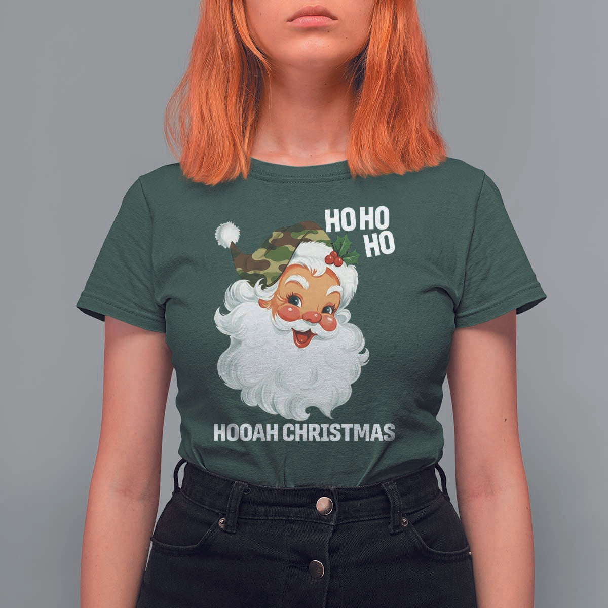Camo Santa Christmas T Shirt For Women Ho Ho Ho Hooah Christmas - Wonder Print Shop