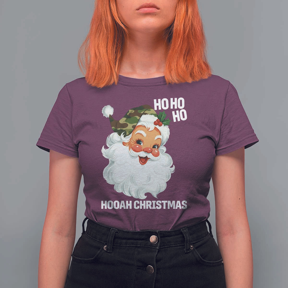 Camo Santa Christmas T Shirt For Women Ho Ho Ho Hooah Christmas - Wonder Print Shop
