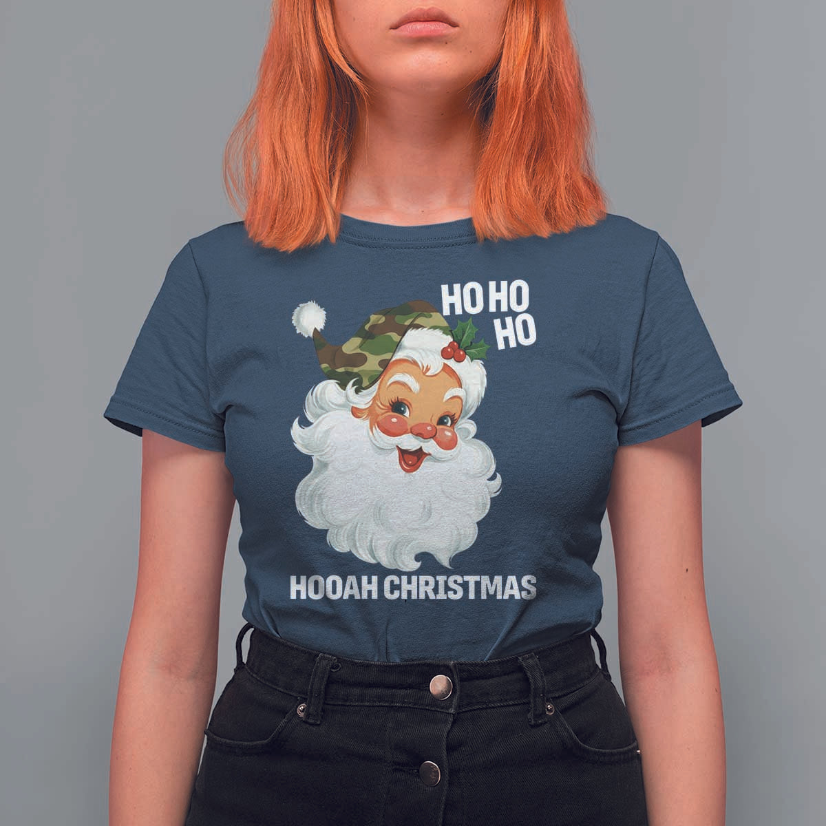 Camo Santa Christmas T Shirt For Women Ho Ho Ho Hooah Christmas - Wonder Print Shop