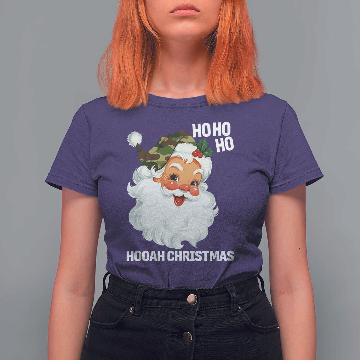 Camo Santa Christmas T Shirt For Women Ho Ho Ho Hooah Christmas - Wonder Print Shop