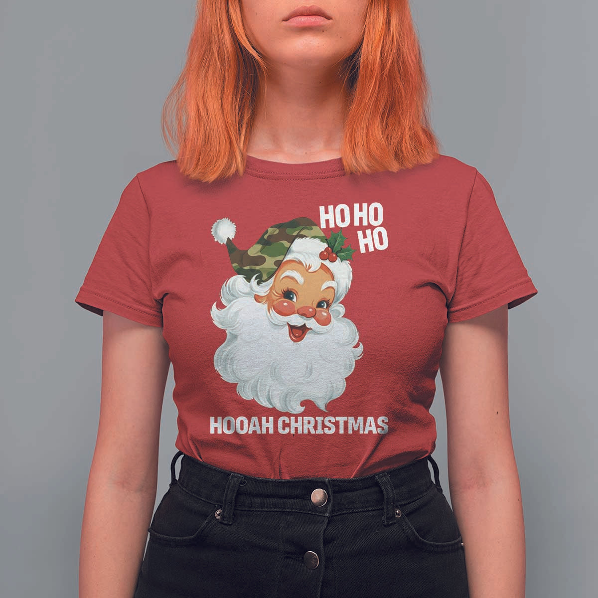 Camo Santa Christmas T Shirt For Women Ho Ho Ho Hooah Christmas - Wonder Print Shop