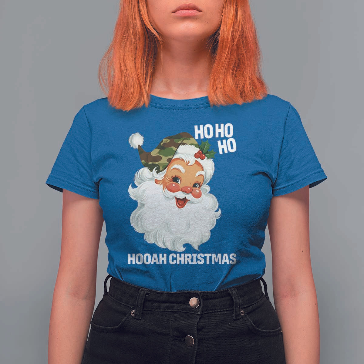 Camo Santa Christmas T Shirt For Women Ho Ho Ho Hooah Christmas - Wonder Print Shop