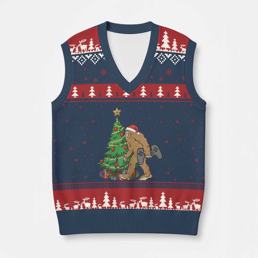 Bigfoot Gamer Xmas V-Neck Knit Sweater Vest Funny Sasquatch Gaming Xmas - Wonder Print Shop