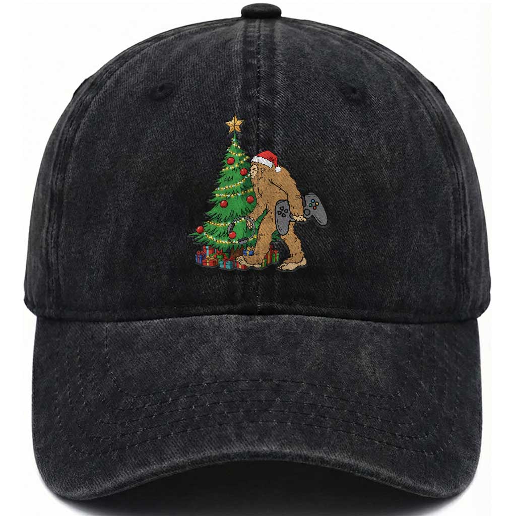 Bigfoot Gamer Christmas Washed Cotton Baseball Cap Funny Sasquatch Gaming Xmas