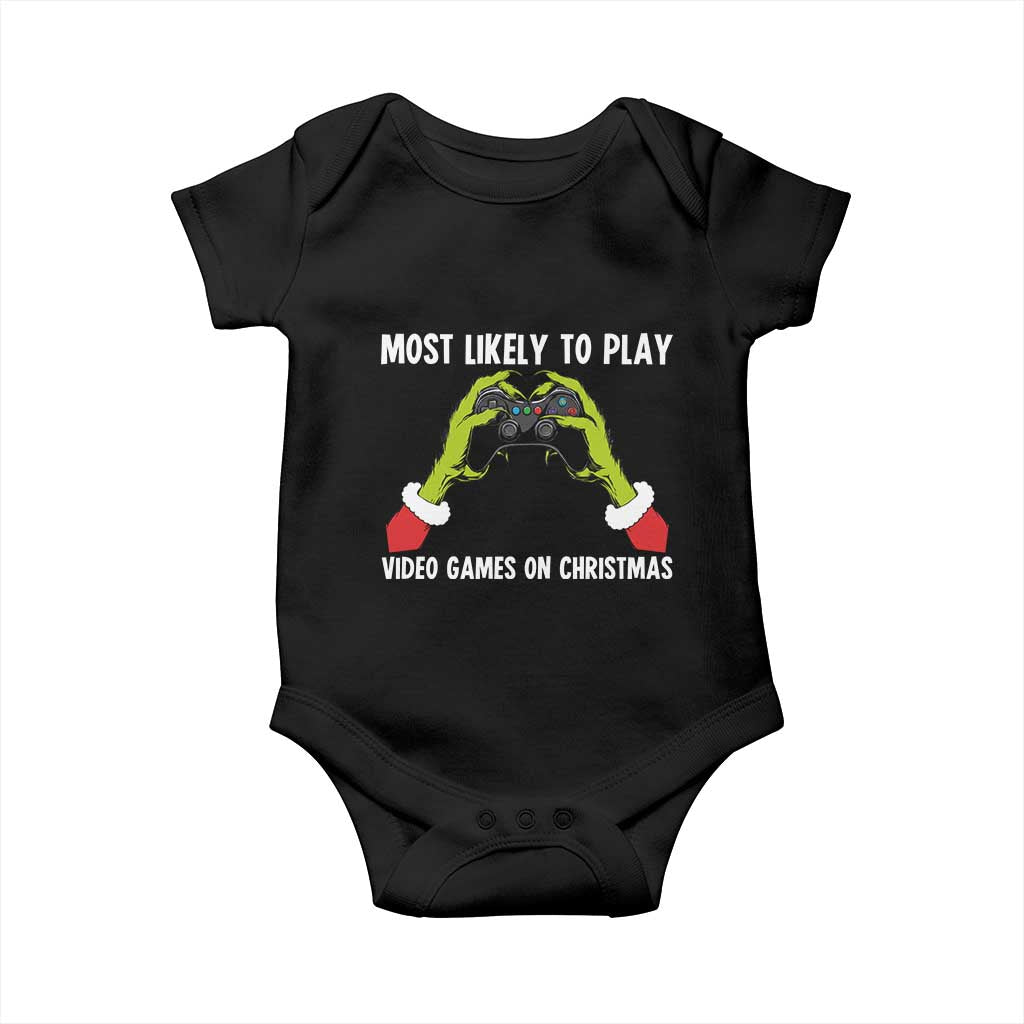 Funny Elf Hand Christmas Baby Onesie Most Likely To Play Video Games On Christmas - Wonder Print Shop