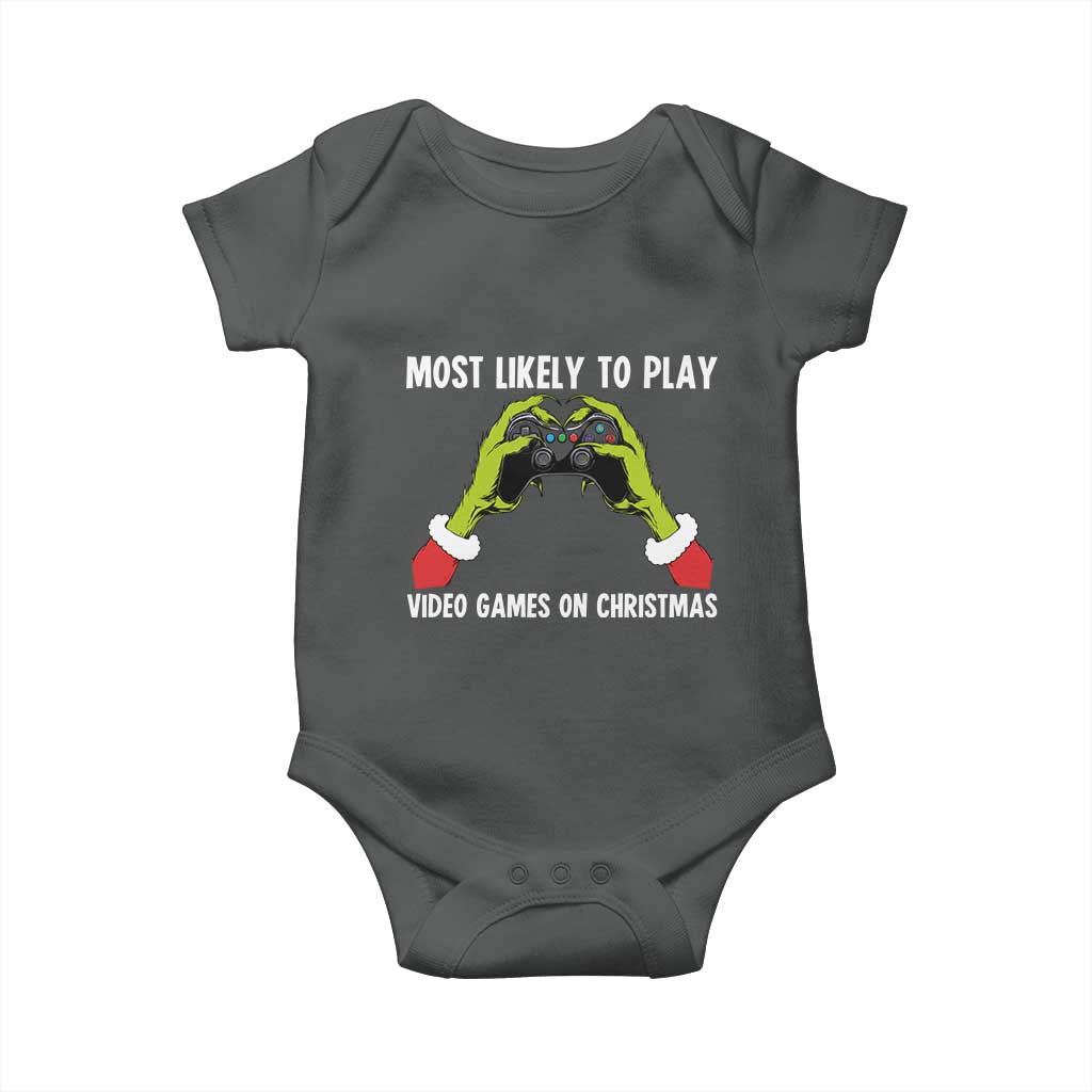 Funny Elf Hand Christmas Baby Onesie Most Likely To Play Video Games On Christmas - Wonder Print Shop