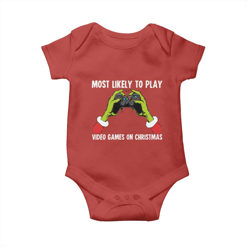 Funny Elf Hand Christmas Baby Onesie Most Likely To Play Video Games On Christmas - Wonder Print Shop