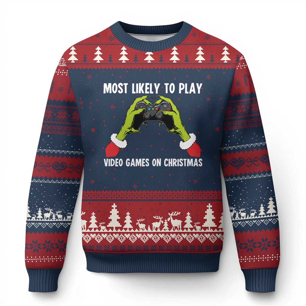 Funny Elf Hand Xmas Ugly Christmas Sweater Most Likely To Play Video Games On Xmas - Wonder Print Shop