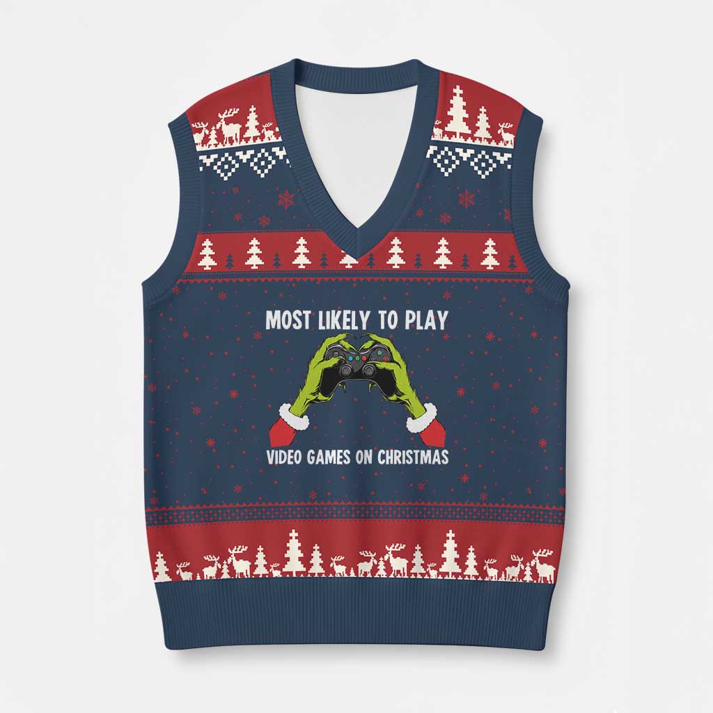 Funny Elf Hand Xmas V-Neck Knit Sweater Vest Most Likely To Play Video Games On Xmas - Wonder Print Shop