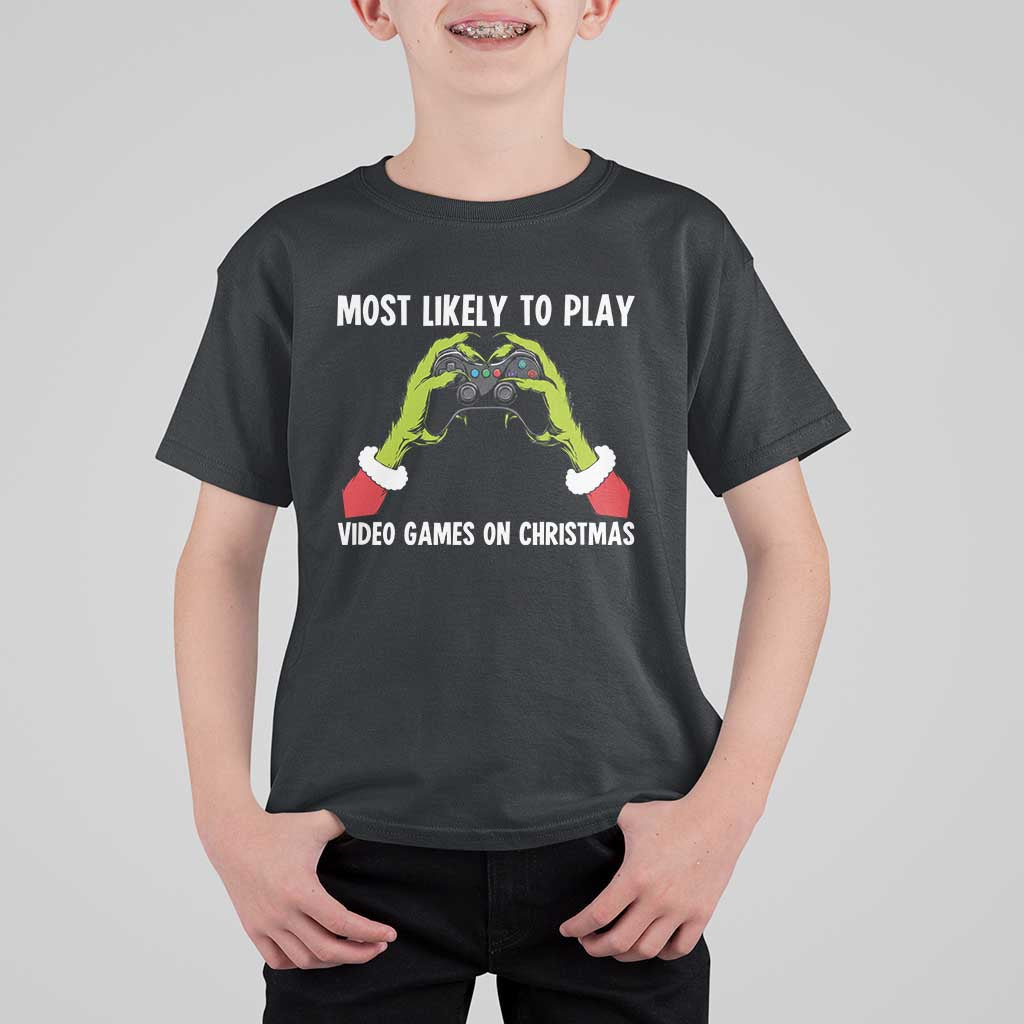 Funny Elf Hand Christmas T Shirt For Kid Most Likely To Play Video Games On Christmas - Wonder Print Shop