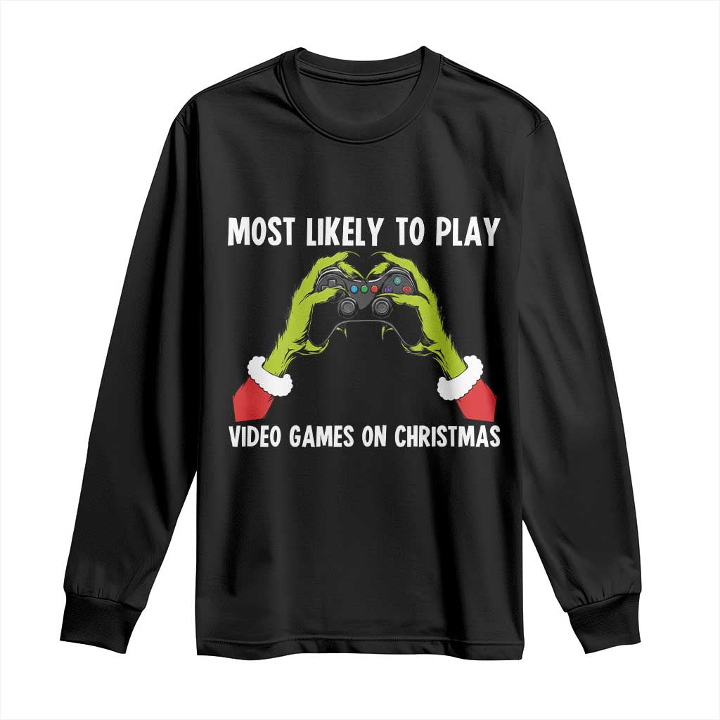 Funny Elf Hand Christmas Long Sleeve Shirt Most Likely To Play Video Games On Christmas - Wonder Print Shop