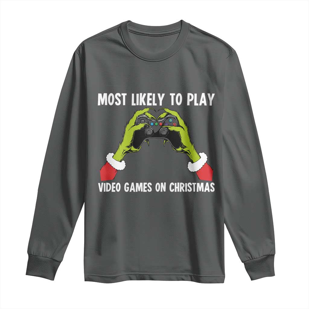 Funny Elf Hand Christmas Long Sleeve Shirt Most Likely To Play Video Games On Christmas - Wonder Print Shop