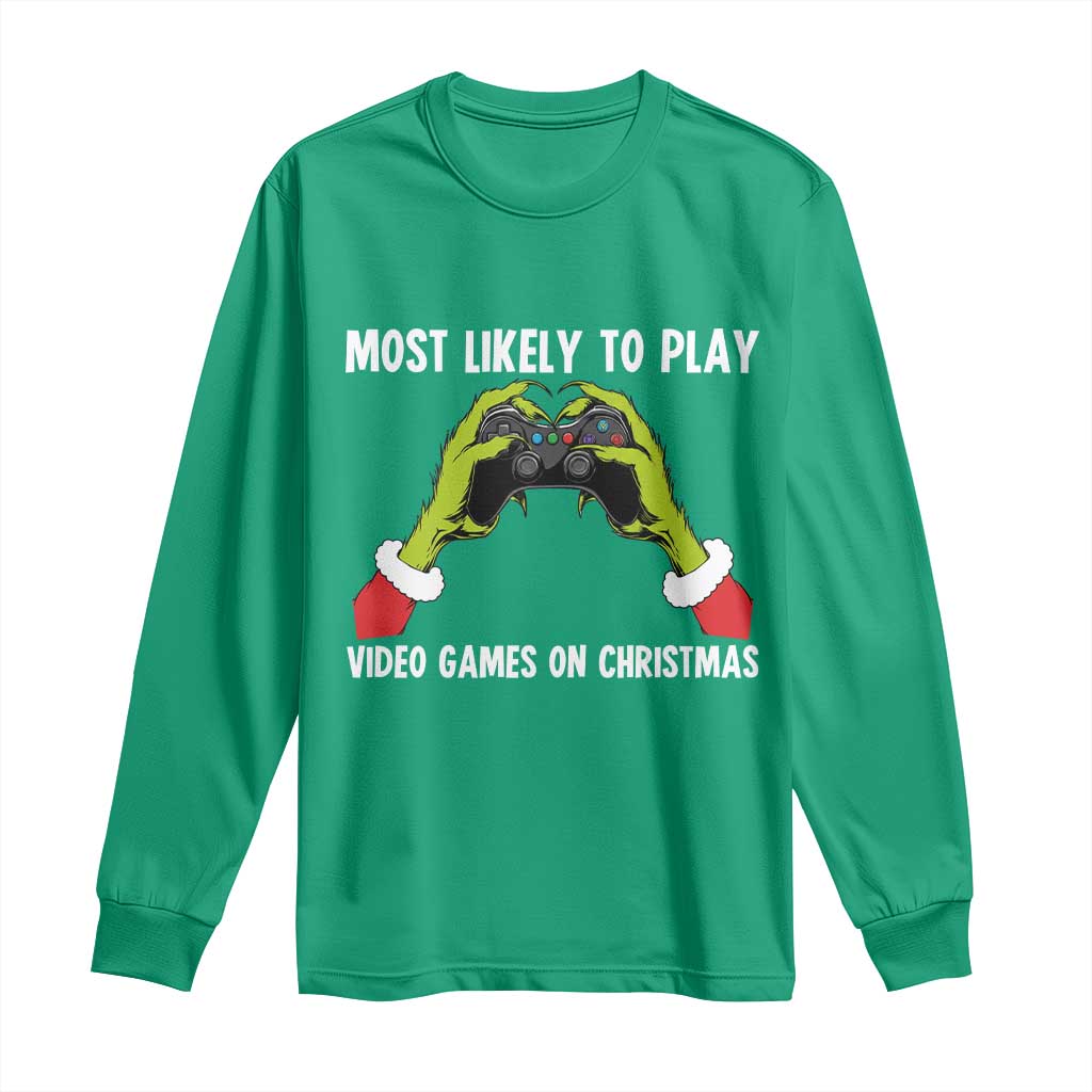 Funny Elf Hand Christmas Long Sleeve Shirt Most Likely To Play Video Games On Christmas - Wonder Print Shop