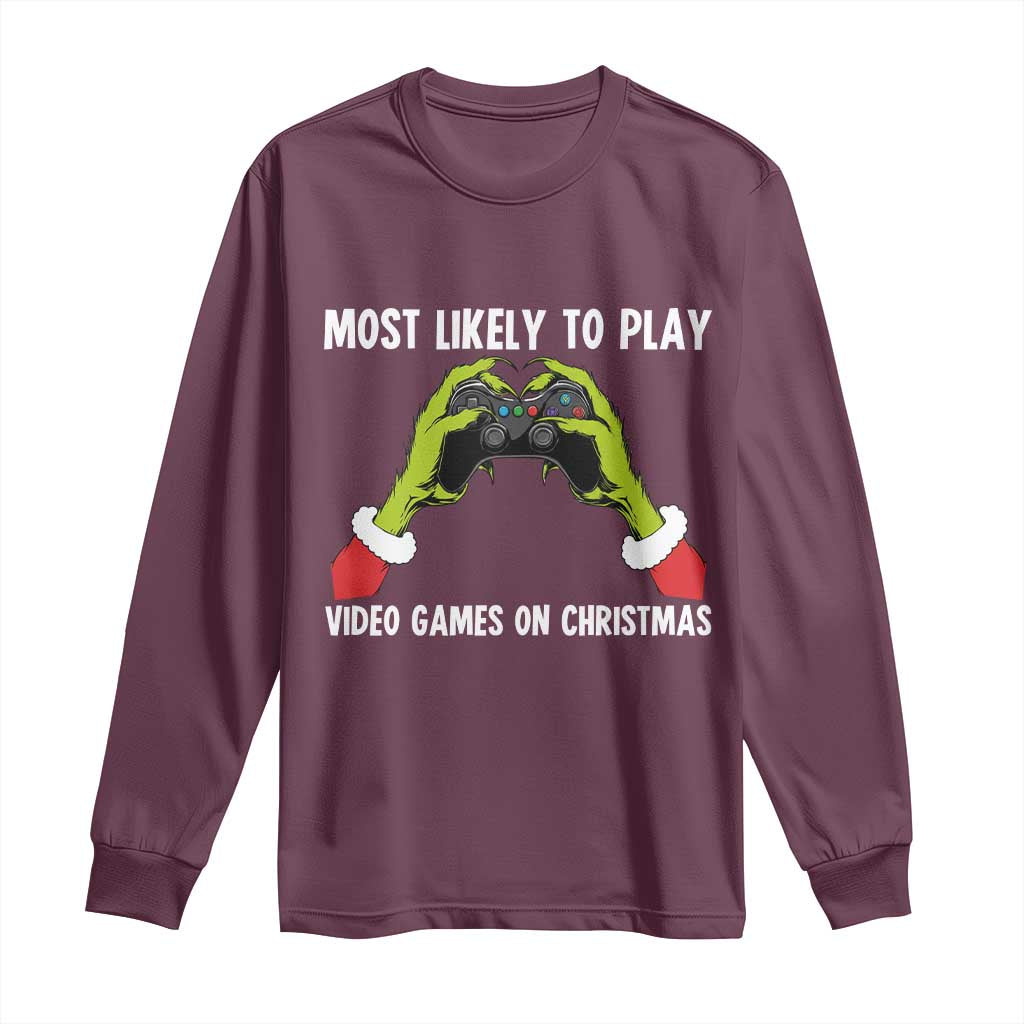Funny Elf Hand Christmas Long Sleeve Shirt Most Likely To Play Video Games On Christmas - Wonder Print Shop