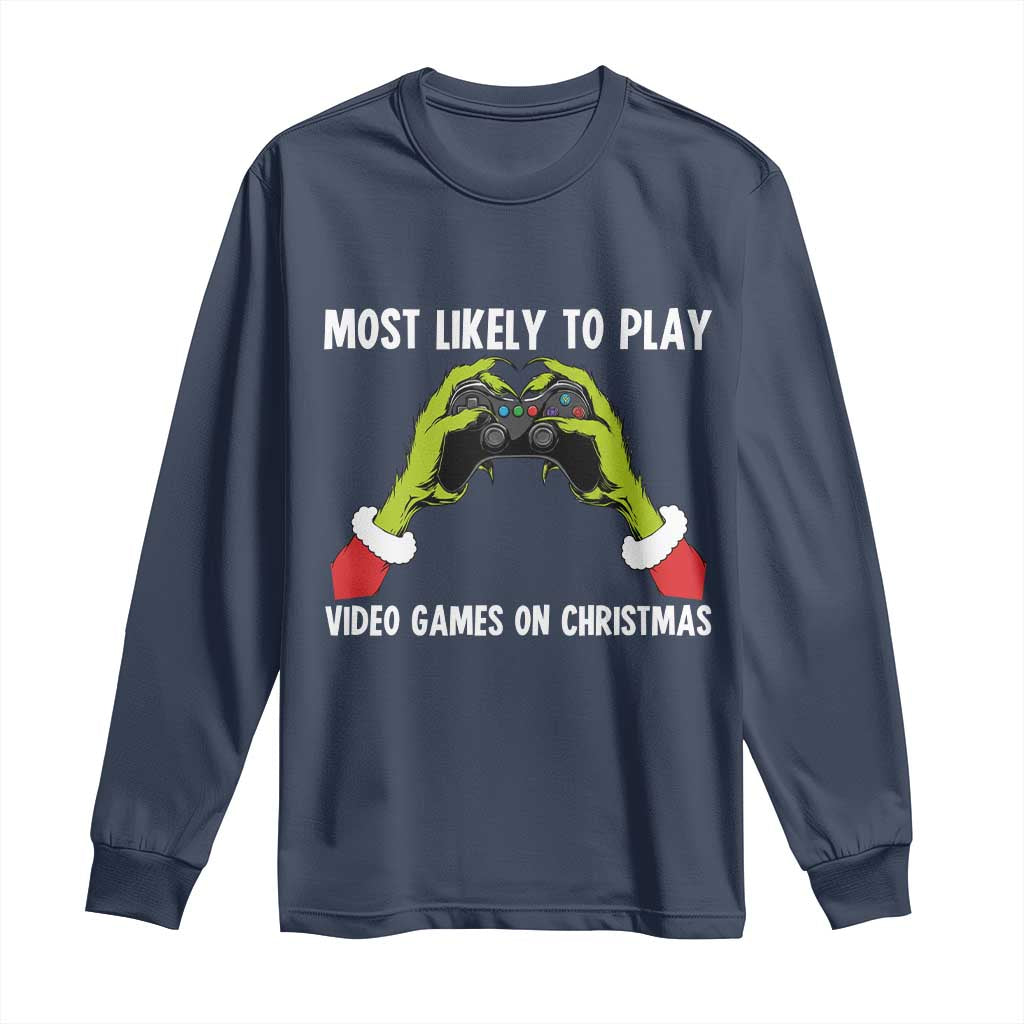 Funny Elf Hand Christmas Long Sleeve Shirt Most Likely To Play Video Games On Christmas - Wonder Print Shop