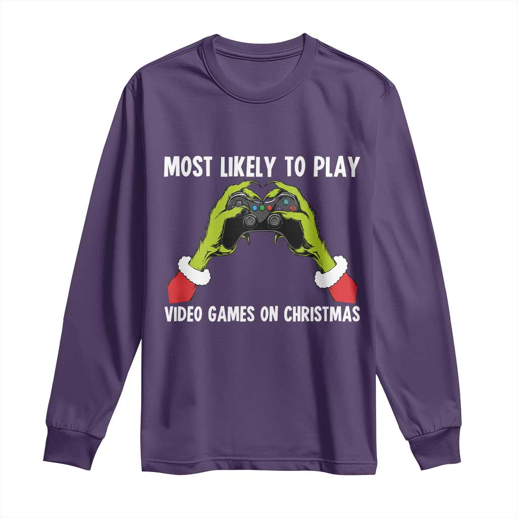 Funny Elf Hand Christmas Long Sleeve Shirt Most Likely To Play Video Games On Christmas - Wonder Print Shop