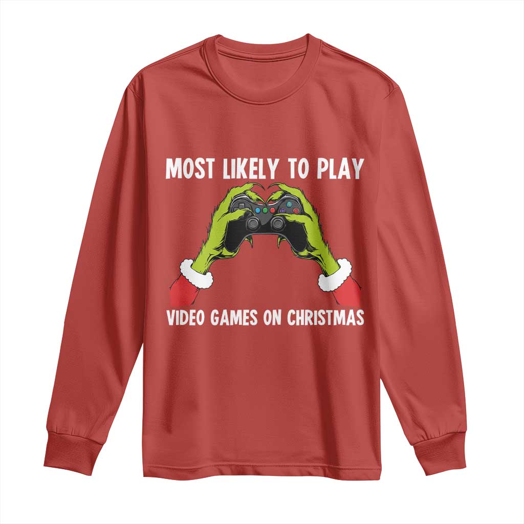 Funny Elf Hand Christmas Long Sleeve Shirt Most Likely To Play Video Games On Christmas - Wonder Print Shop