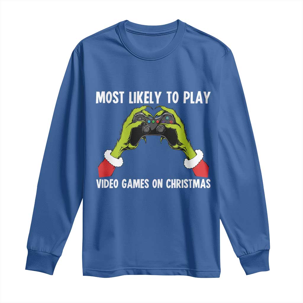 Funny Elf Hand Christmas Long Sleeve Shirt Most Likely To Play Video Games On Christmas - Wonder Print Shop