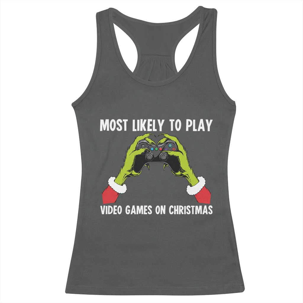 Funny Elf Hand Christmas Racerback Tank Top Most Likely To Play Video Games On Christmas - Wonder Print Shop