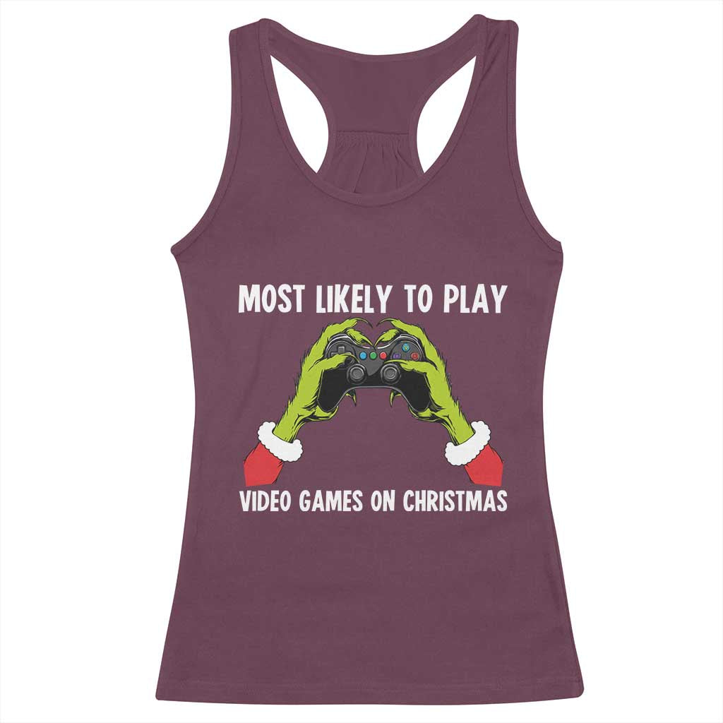 Funny Elf Hand Christmas Racerback Tank Top Most Likely To Play Video Games On Christmas - Wonder Print Shop