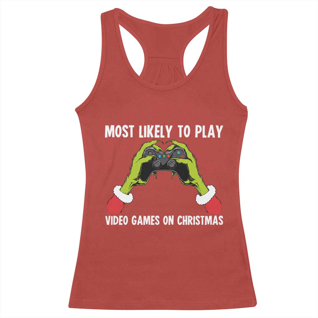 Funny Elf Hand Christmas Racerback Tank Top Most Likely To Play Video Games On Christmas - Wonder Print Shop
