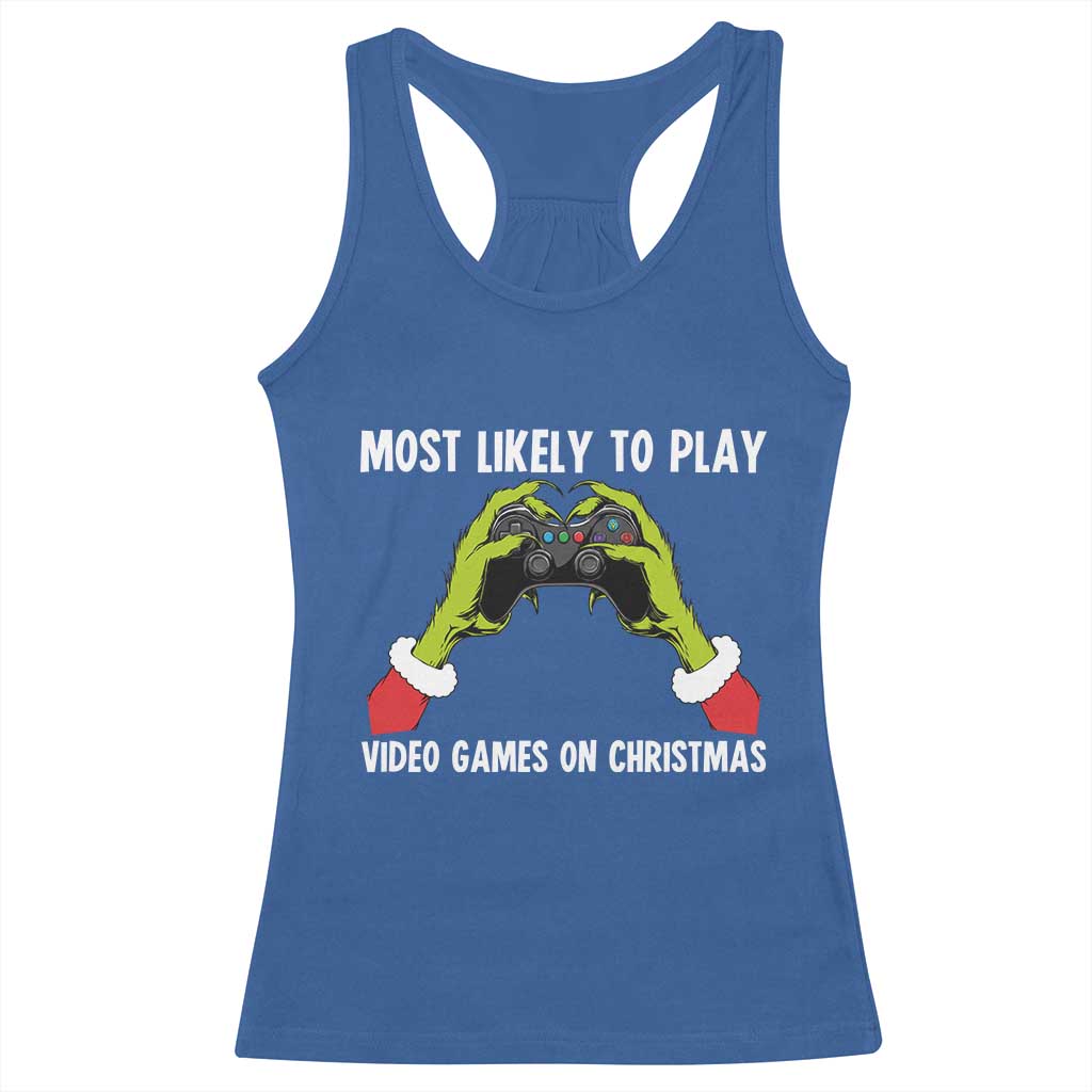 Funny Elf Hand Christmas Racerback Tank Top Most Likely To Play Video Games On Christmas - Wonder Print Shop