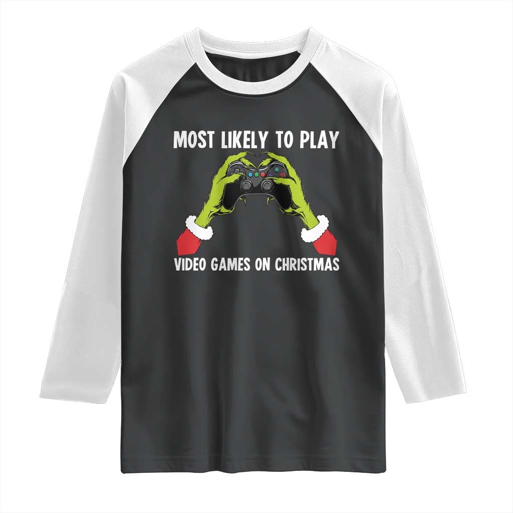 Funny Elf Hand Christmas Raglan Shirt Most Likely To Play Video Games On Christmas - Wonder Print Shop