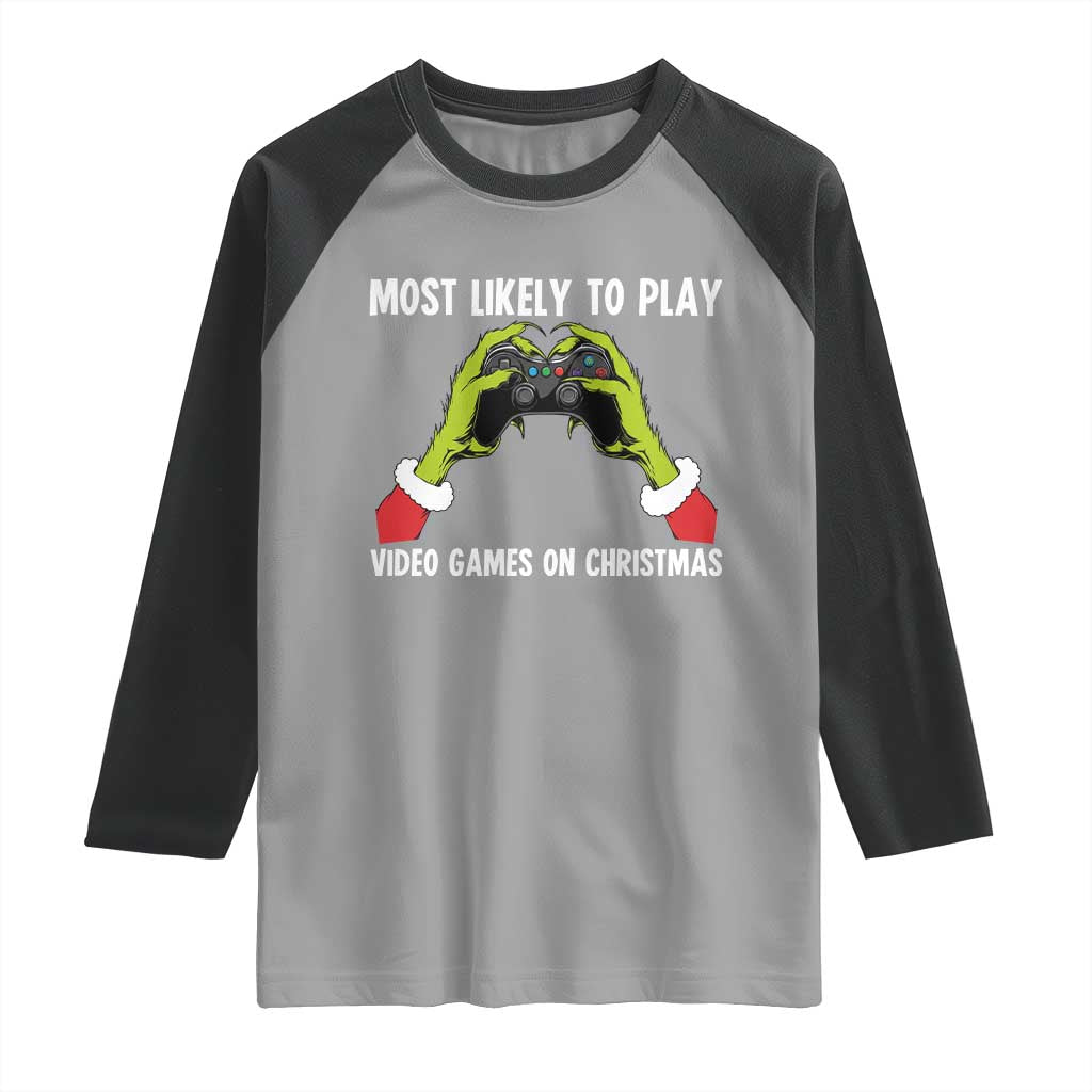 Funny Elf Hand Christmas Raglan Shirt Most Likely To Play Video Games On Christmas - Wonder Print Shop