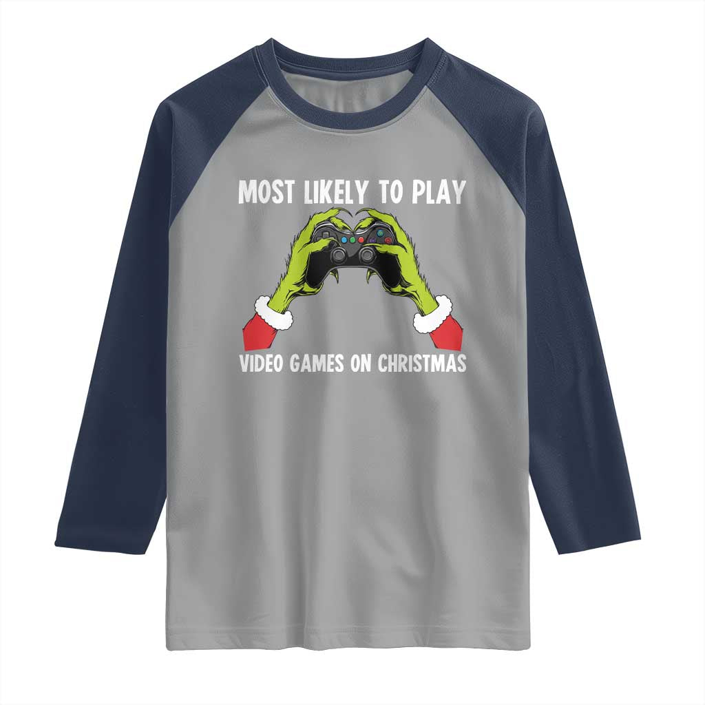 Funny Elf Hand Christmas Raglan Shirt Most Likely To Play Video Games On Christmas - Wonder Print Shop
