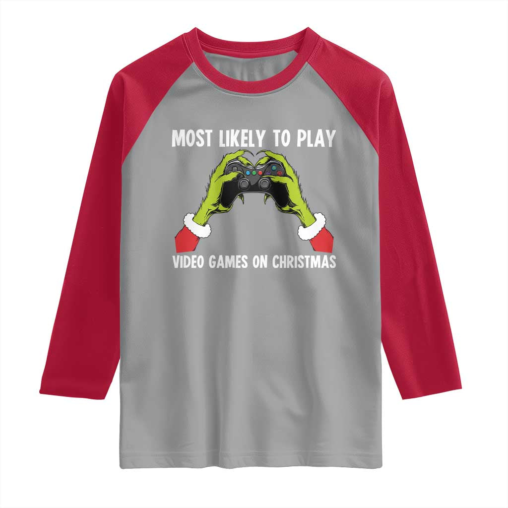 Funny Elf Hand Christmas Raglan Shirt Most Likely To Play Video Games On Christmas - Wonder Print Shop