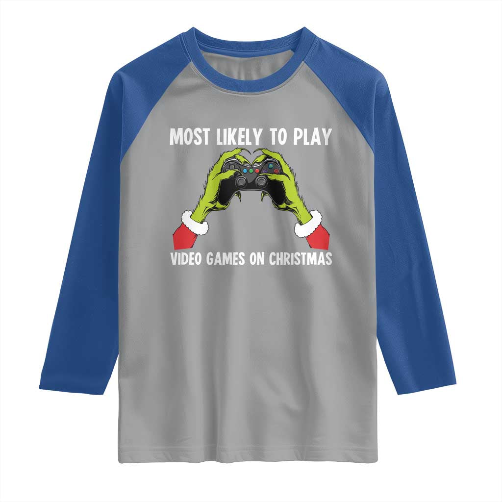 Funny Elf Hand Christmas Raglan Shirt Most Likely To Play Video Games On Christmas - Wonder Print Shop