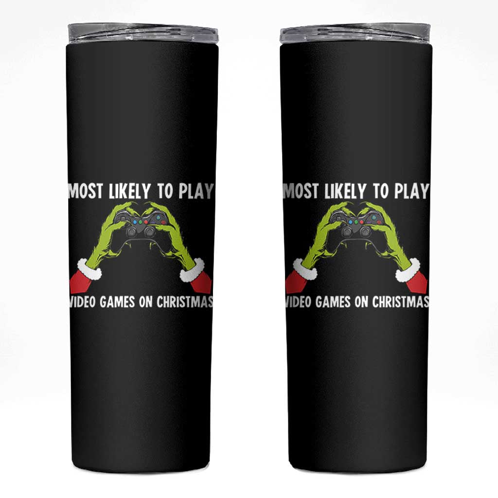Funny Elf Hand Christmas Skinny Tumbler Most Likely To Play Video Games On Christmas - Wonder Print Shop
