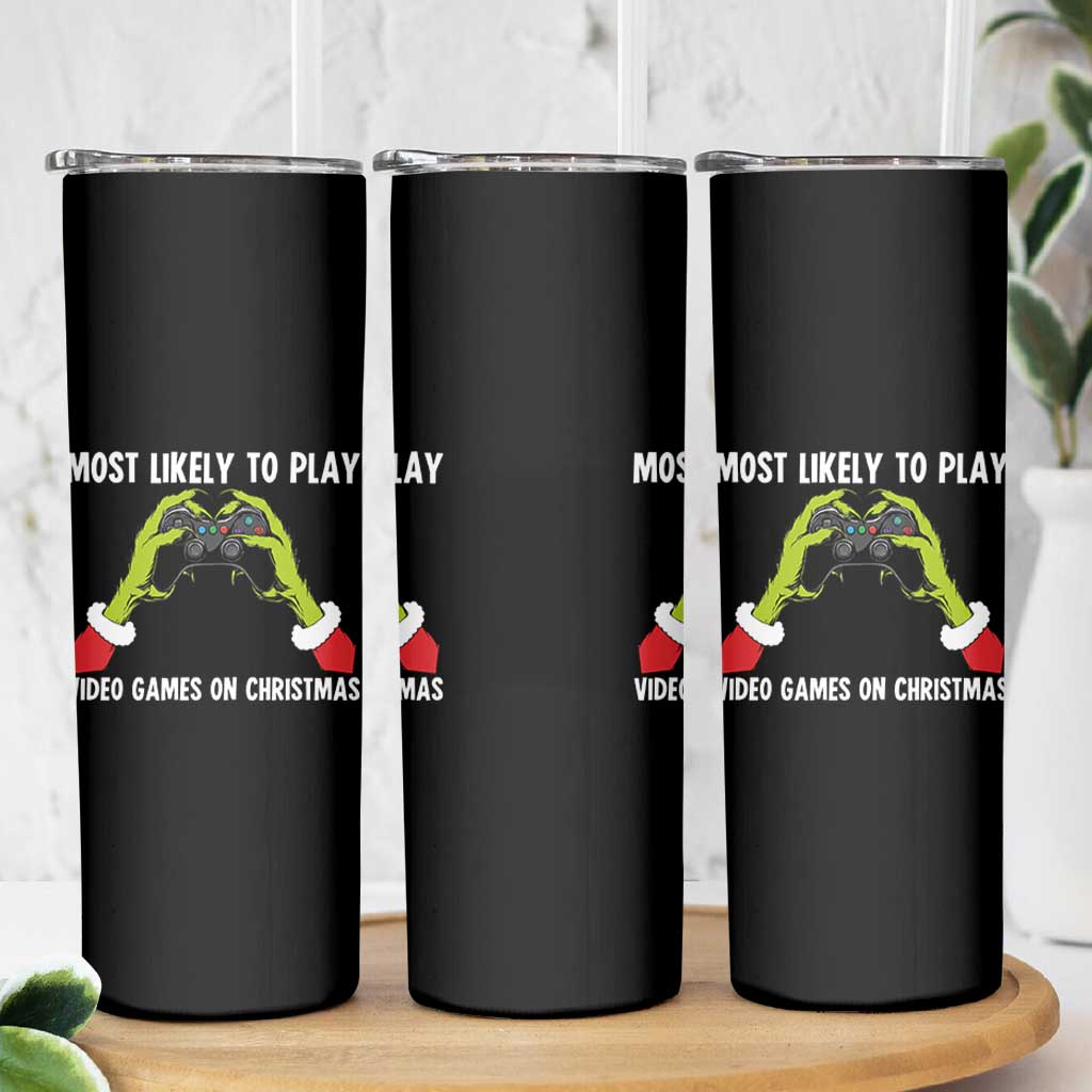 Funny Elf Hand Christmas Skinny Tumbler Most Likely To Play Video Games On Christmas - Wonder Print Shop