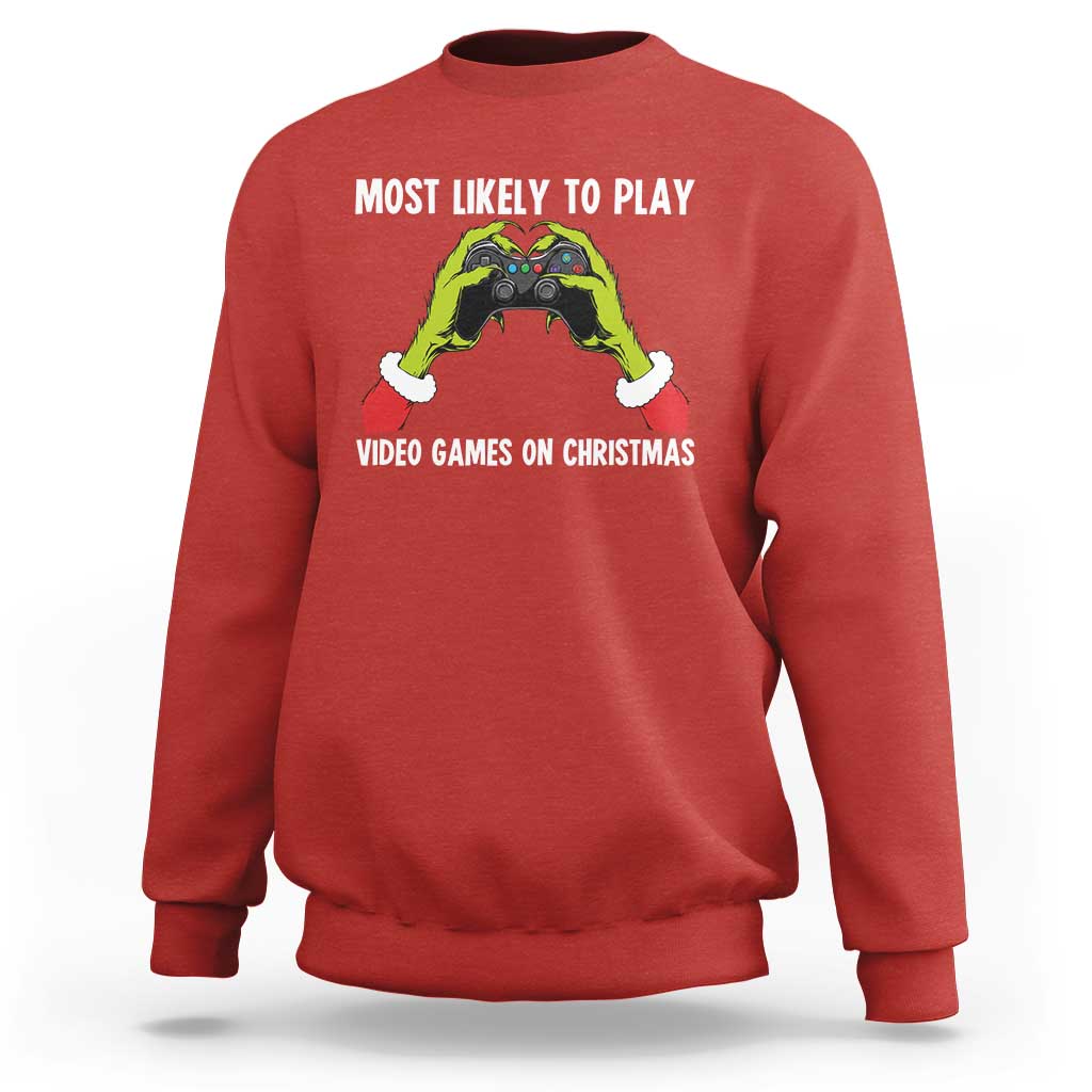 Funny Elf Hand Christmas Sweatshirt Most Likely To Play Video Games On Christmas - Wonder Print Shop