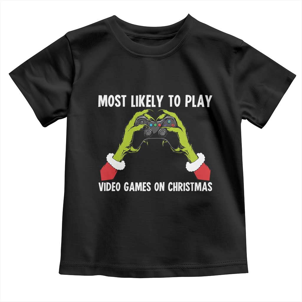 Funny Elf Hand Christmas Toddler T Shirt Most Likely To Play Video Games On Christmas - Wonder Print Shop
