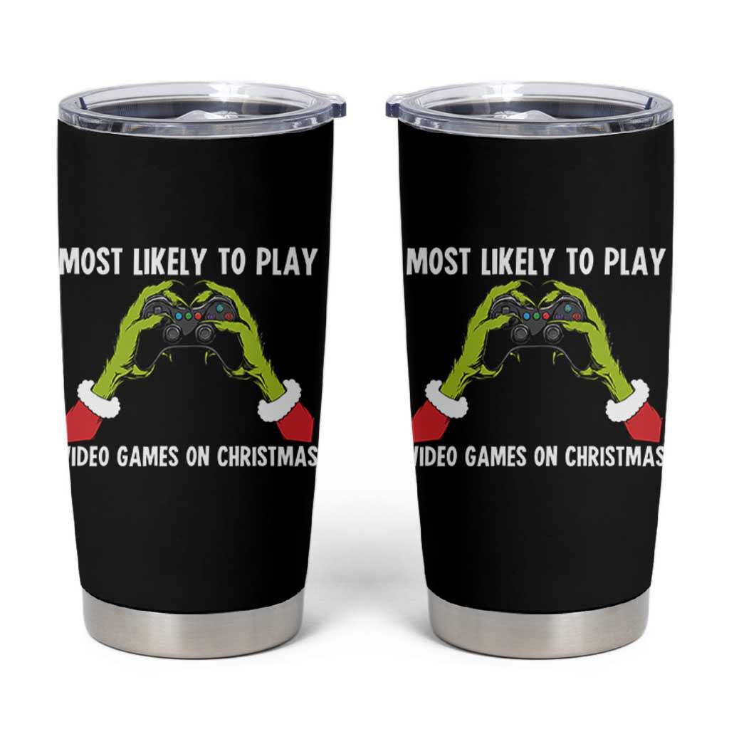 Funny Elf Hand Christmas Tumbler Cup Most Likely To Play Video Games On Christmas - Wonder Print Shop